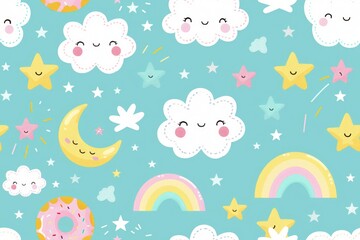 Fototapeta na wymiar Charming Universe: Seamless Patterns with Clouds, Rainbows, Stars, and Donuts in Repetition
