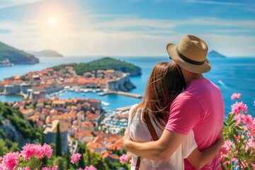 a couple wearing pink shirt and hat, hugging each other while looking at the city of Dubrovnik in blasting sun from behind on sunny day Generative AI - obrazy, fototapety, plakaty