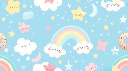 Celestial Confections: Seamless Patterns with Clouds, Rainbows, Stars, and Donuts
