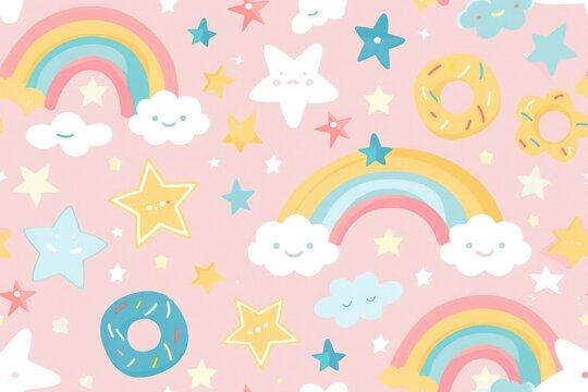 Magical Treats: Seamless Patterns of Clouds, Rainbows, Stars, and Donuts in Repetition