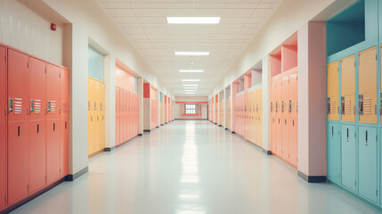 An empty school hallway with a large number of colorful lockers, cheerful and soft colors, in the spirit of the school year and a happy atmosphere.