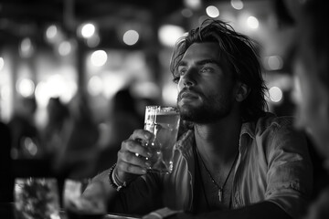 Contemplative Man Drinking Beer in Pub. Man sits thoughtfully with a beer in a pub, captured in black and white.