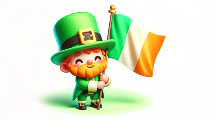 Red-haired Leprechaun holding the flag of Ireland in his hands on a white background