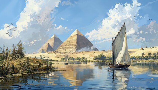 Ai artwork of a sailing boat on the river Nile passing by the ancient Egyptian pyramids. Generative ai.