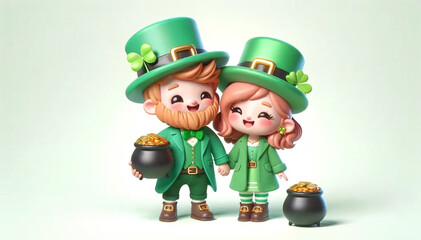 Couple of leprechauns in green clothes, hats, with a pot of gold in their hands, isolated