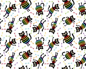 Cartoon black cats seamless rainbow lgbt stripes pattern for wrapping paper and fabrics and linens and clothes and pride