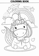 Unicorn Cute Adult coloring page doodles, sketch coloring book for relaxing Kids education