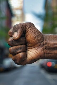 A closeup shot of a fist up in the air to fight for your right
