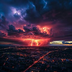 Photorealistic ai artwork of a large thunderstorm with lightning over a city at night. Generative ai. - obrazy, fototapety, plakaty