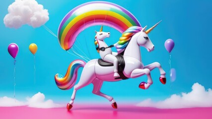 Fototapeta premium a unicorn flies in the sky on balloons against the background of a rainbow. The concept of holiday, miracles, magic and dreams