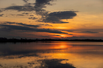 reflection of the sky in the lake at sunset