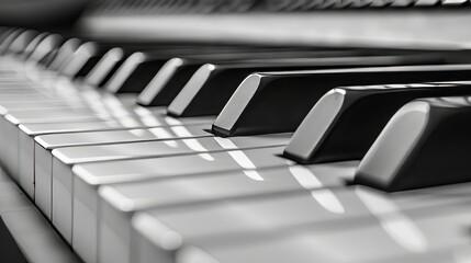 Detailed monochrome close up of black and white piano keyboard in intricate view
