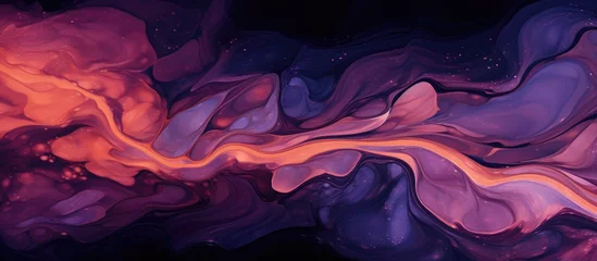 Gordijnen A mesmerizing close up of a vibrant purple and orange paint swirl on a dramatic black background, reminiscent of a beautiful sky full of colorful clouds © TheWaterMeloonProjec