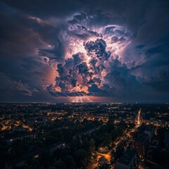 Photorealistic ai artwork of a large thunderstorm with lightning over a city at night. Generative ai.