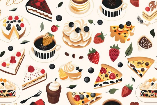 Delicious Delights: Seamless Pattern Featuring Various Foods and Drinks such as Cakes, Coffee, and Pizza