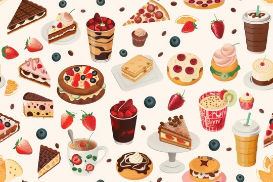 Culinary Medley: Seamless Pattern Showcasing Various Foods and Drinks, Including Cakes, Coffee, and Pizza