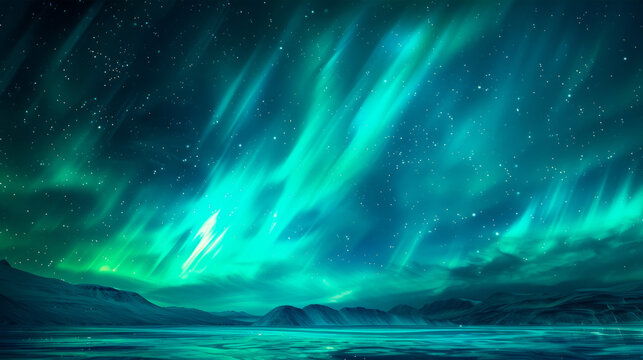 The aurora borealis, nature's own ethereal spectacle, swirls in the night sky, a tapestry of vibrant green, purple, and blue, in this captivating painting. Banner. Copy space.