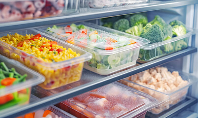 Plastic boxes with pre-packaged vegetable salads, put up for sale in a commercial refrigerator - obrazy, fototapety, plakaty