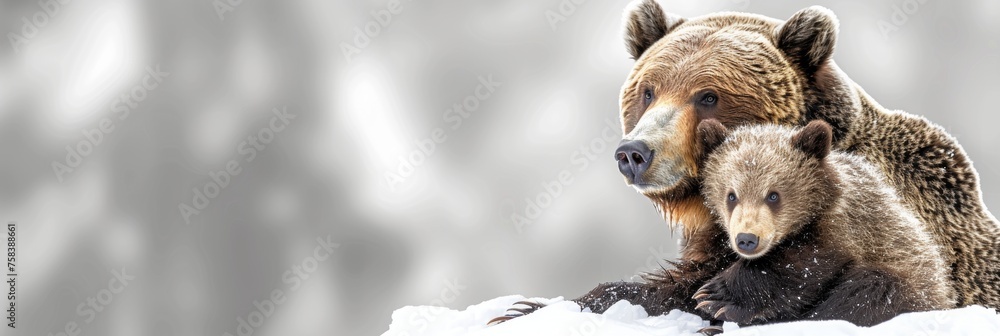Poster male bear and cub portrait with empty text space, object on right side for balanced composition