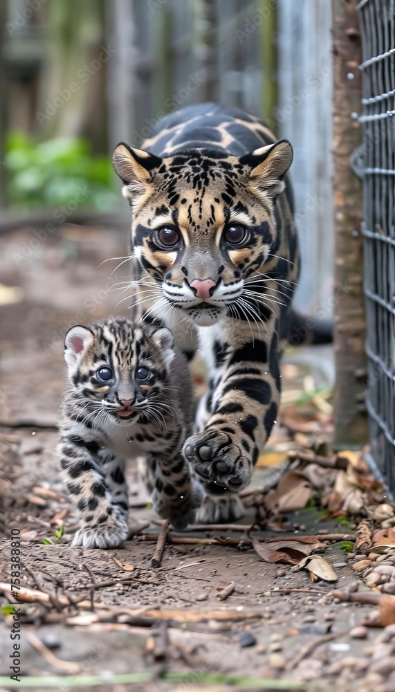 Poster clouded leopard and cub portrait, space for text, balanced composition with object on right side