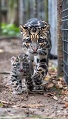 Clouded leopard and cub portrait, space for text, balanced composition with object on right side