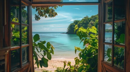 View from the house from inside an open window to the beach with blue water, white sand beach, rocks in the background, turquoise sea water, tropical forest, sunny day. View from the window.