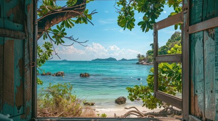 View from the house from inside an open window to the beach with blue water, white sand beach, rocks in the background, turquoise sea water, tropical forest, sunny day. View from the window.