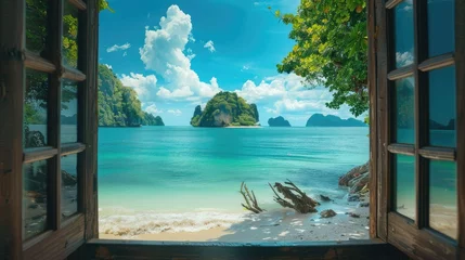 Papier Peint photo autocollant Railay Beach, Krabi, Thaïlande View from the house from inside an open window to the beach with blue water, white sand beach, rocks in the background, turquoise sea water, tropical forest, sunny day. View from the window.