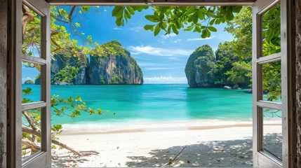 Papier Peint photo Railay Beach, Krabi, Thaïlande View from the house from inside an open window to the beach with blue water, white sand beach, rocks in the background, turquoise sea water, tropical forest, sunny day. View from the window.