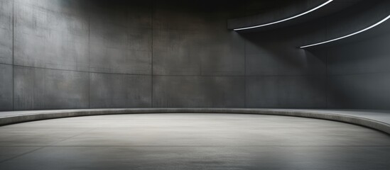 A grey room with concrete flooring and walls, resembling an automotive tire. Tints of wood add warmth to the space, contrasting the cold feel of asphalt