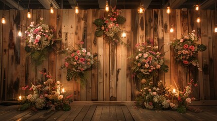 the flower arrangements and tungsten bulbs strategically along the edges of the wooden backdrop to create visual interest and balance - obrazy, fototapety, plakaty