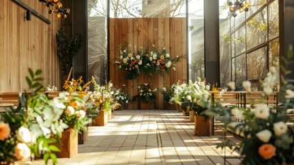 the flower arrangements and tungsten bulbs strategically along the edges of the wooden backdrop to create visual interest and balance