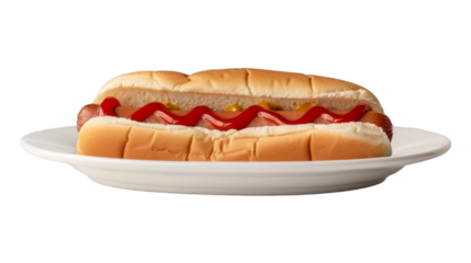 Classic Hot Dog on a plate isolated on transparent png background. Generative ai 