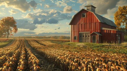the farm scene accurately represents the characteristics of a typical farm, including the soybean plantation and prepared soil - obrazy, fototapety, plakaty