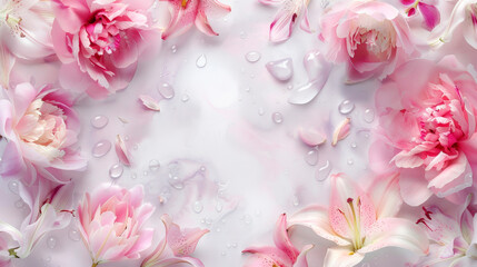 Close-up of pink blooms adorned with tiny water droplets, shimmering under sunlight, enhancing the flowers' delicate allure. Banner. Copy space.