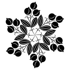 Round floral star shape ornament or mandala with blooming branches. Bouquet with fruits or berries. Folk style. Black and white silhouette.