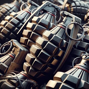 A lot of defensive hand grenades are stacked in a pile. Close-up. Personal handheld explosive weapon