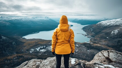 woman in yellow jacket standing on the mountain