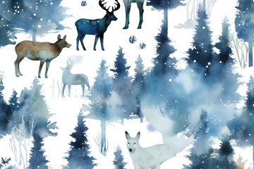 birds seamless animals winter wild background hare wolf sky watercolor isolated forest animals pattern fox vector trees night deer silhouettes bear