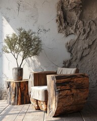 Rustic Farmhouse Interior: Natural Wood Armchair with Stone Wall Decor