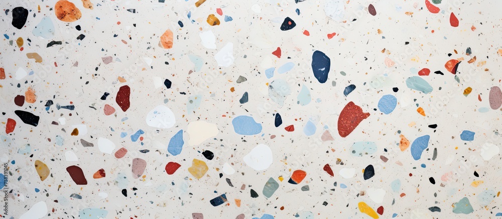 Poster a closeup shot of a white tile adorned with colorful rocks resembling a pattern of a circle. the roc