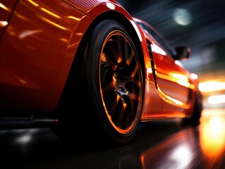 Red sports car in motion, focus on the wheel with clearly visible parts and rim. Lighting and blur...