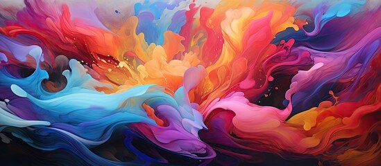 A closeup of a vibrant painting featuring magenta and electric blue petals on a black background. The artwork captures a beautiful landscape with a touch of heat