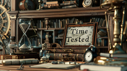 A desk, orderly with a vintage clock and neatly stacked books, bears a sign proclaiming 'time tested,' blending tradition with timeless wisdom. Banner. Copy space.