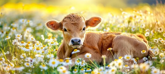 Young calf grazing in daisy field on sunny day  serene farm landscape with space for text