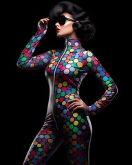 Stylish model in multicolored polka-dot bodysuit with retro sunglasses