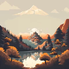 Deurstickers Illustration of landscape with a valley, lake and mountains.  © Oksana
