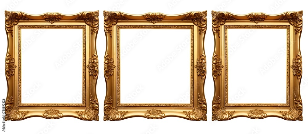 Aufkleber three rectangular gold picture frames with amber wood facade, symmetrically displayed on a white bac