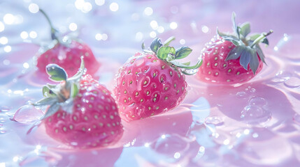 Vibrant Pink Strawberries Submerged in Fresh Water, Surrounded by Splashes and Bubbles: A Joyful Summer Background with a Feminine Touch of Pink Fruit Freshness