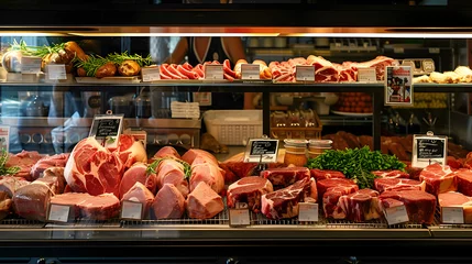 Fotobehang Showcase with raw meat in a butcher shop.Selected quality meat. © oucan